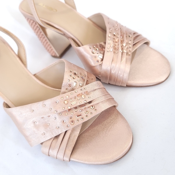 ALDO Rose Gold Tone Ankle Strap Chunky Crystal Heels 4.75" US6 - Picture 3 of 7